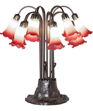 24" High Seafoam/Cranberry Tiffany Pond Lily 12 Light Table Lamp