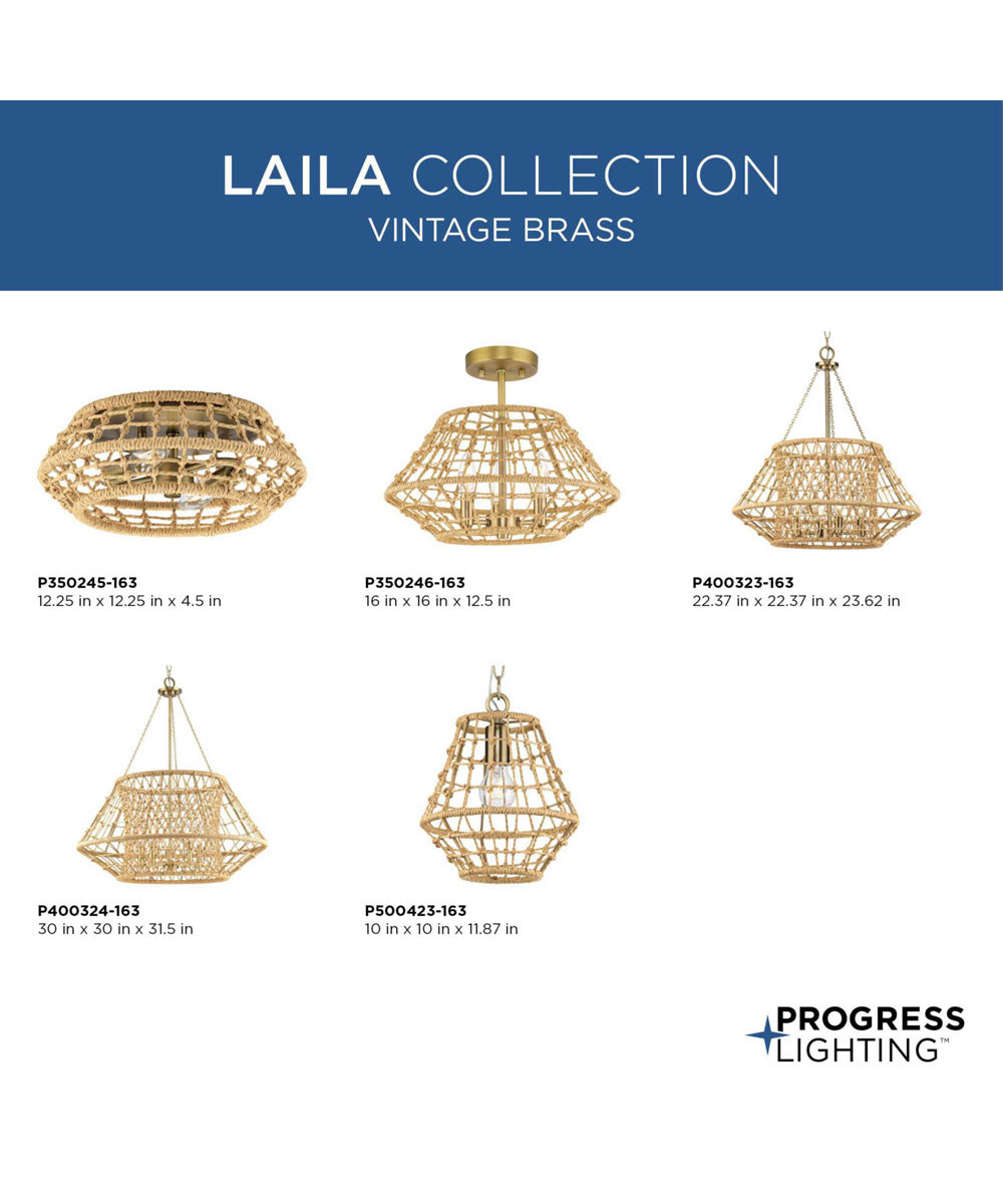 Laila 12-1/4 in. 2-Light Coastal Flush Mount with Woven Jute Accents Vintage Brass