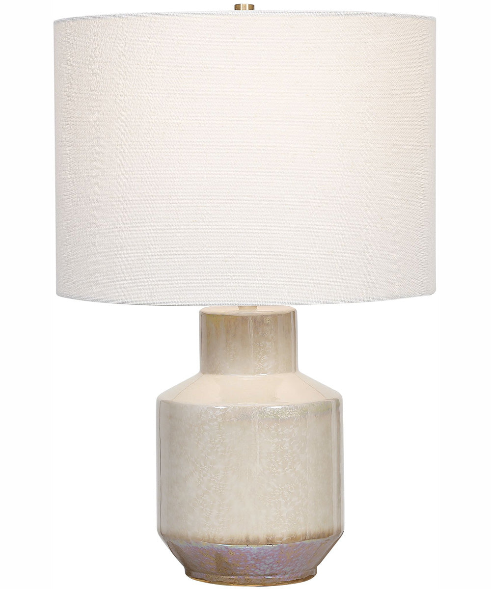 21"H 1-Light Table Lamp Ceramic and Steel in Cream and Blue with a Rolled-Edge Drum Shade