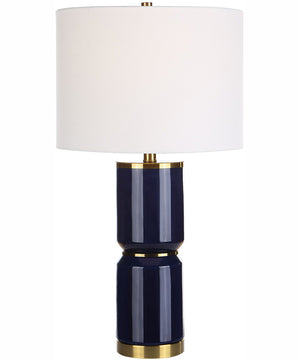 26"H 1-Light Table Lamp Ceramic and Metal in Royal Blue and Antique Gold with a Drum Shade