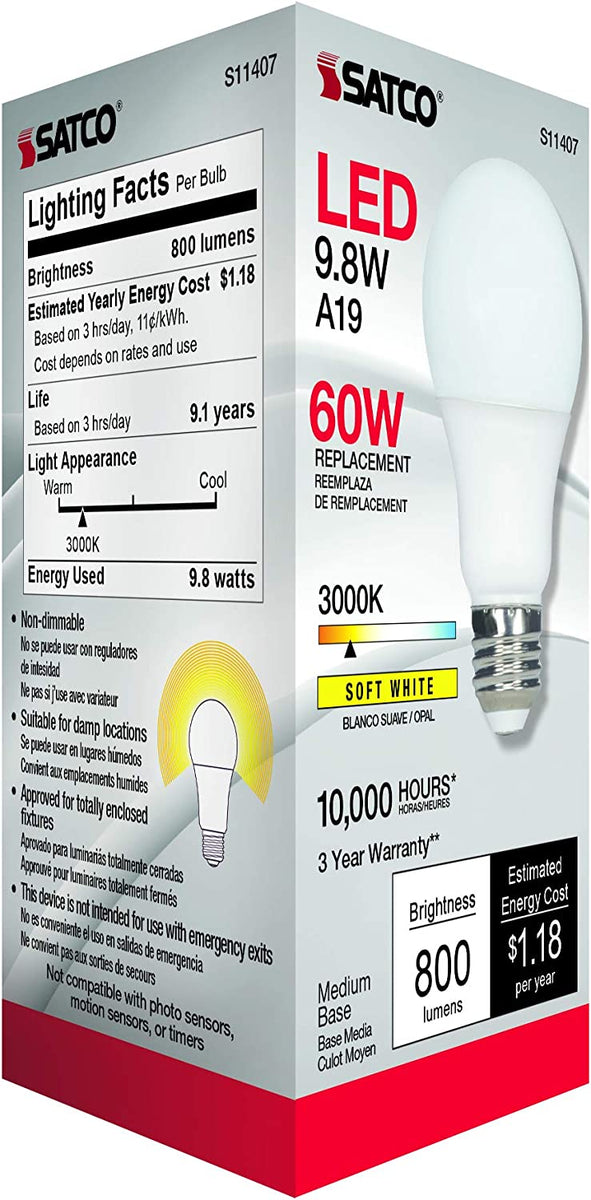 Satco LED 6 Pack A19 Medium 10 watt 120V 3000K Light Bulb =60W