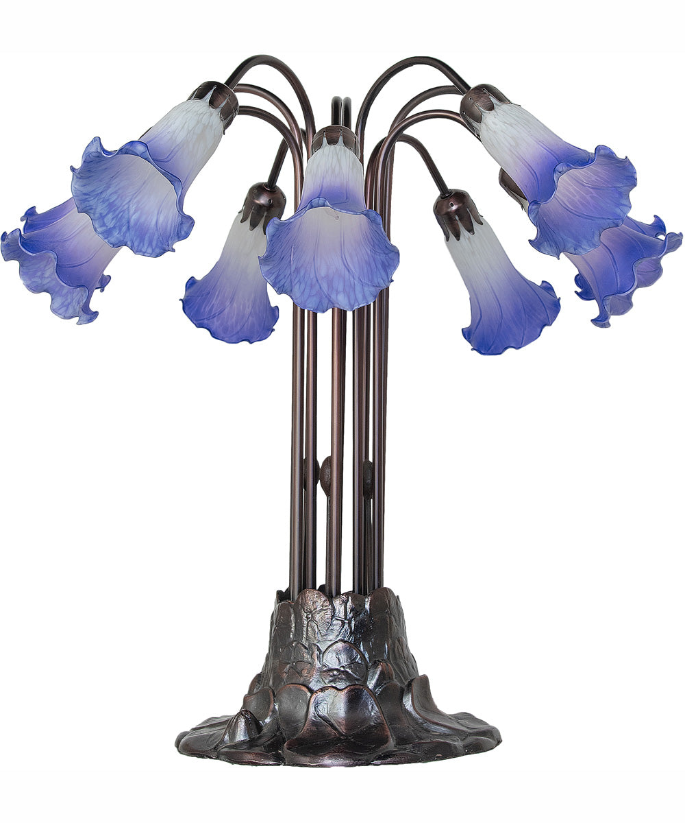 24" High Blue/White Tiffany Pond Lily 10 Light Table Lamp