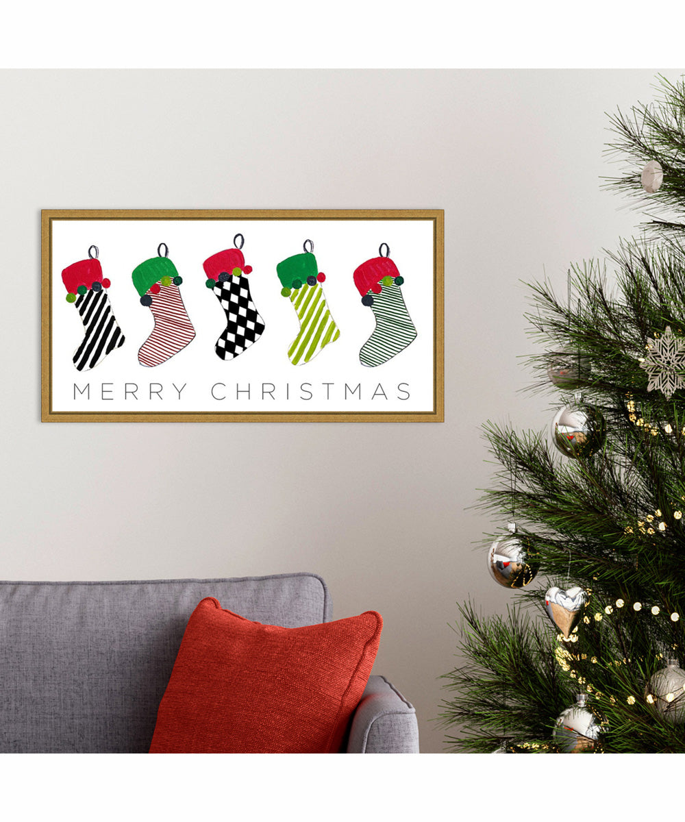 Framed Christmas Stockings by Patricia Pinto Canvas Wall Art Print (27  W x 14  H), Sylvie Gold Frame