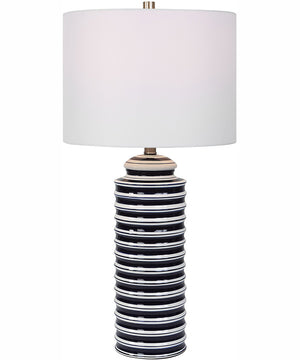 29"H 1-Light Table Lamp Ceramic in Navy and White and Brushed Nickel with a Round Shade