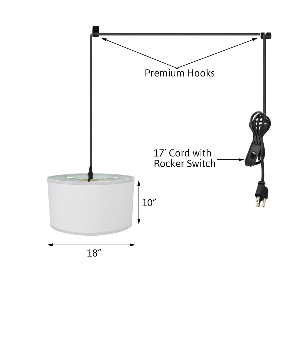 1 Light Swag Plug-In Pendant 18"w White Linen Shade, 17' Black Cord