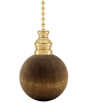 Walnut Dark Wood Ball Ceiling Fan Pull, 1.5"h with 12" Polished Brass Chain