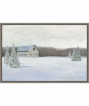 Framed Holiday Winter Barn by James Wiens Canvas Wall Art Print (33 W x 23 H), Sylvie Greywash Frame