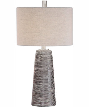 28"H 1-Light Table Lamp Steel and Ceramic in Dark Bronze and Brushed Nickel with a Rolled-Edge Drum Shade