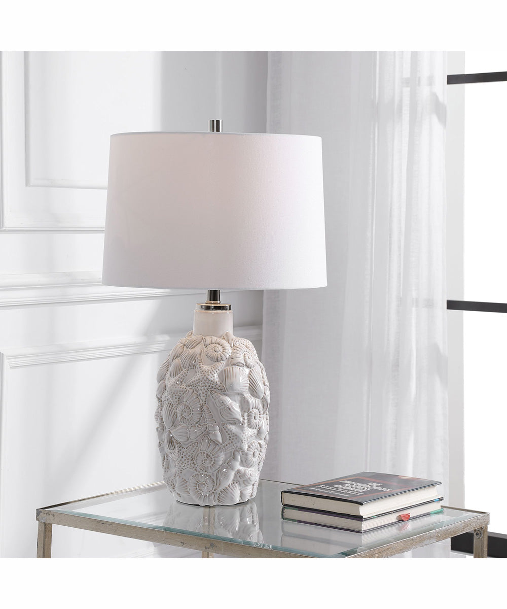 26"H 1-Light Table Lamp Ceramic and Iron in White and Polished Nickel with a Rectangular Shade