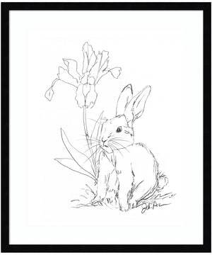 Bunny Sketch with Iris by Jodi Augustine Wood Framed Wall Art Print (21  W x 25  H), Svelte Noir Black Frame