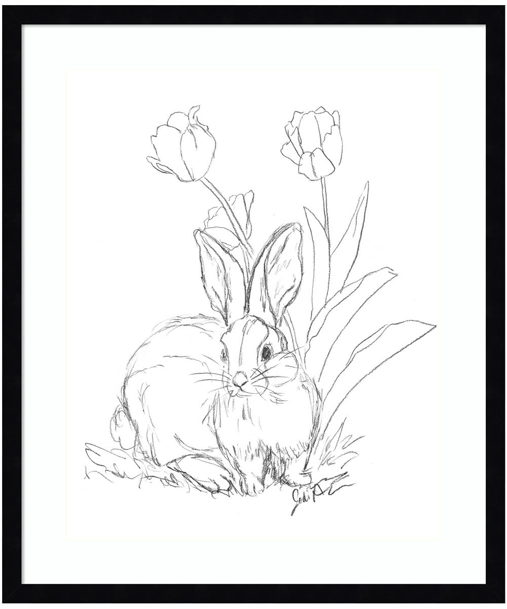Bunny Sketch with Tulips by Jodi Augustine Wood Framed Wall Art Print (21  W x 25  H), Svelte Noir Black Frame
