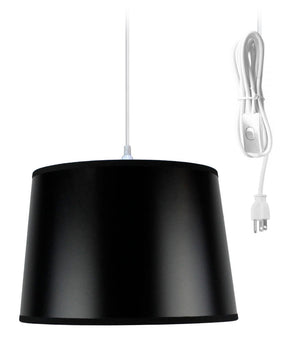 12"W 1 Light Swag Plug-In Pendant  Shallow Drum Black Shade White Cord