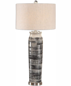 33"H 1-Light Table Lamp Ceramic and Crystal in Dark Gray and Cream and Espresso with a Round Drum Shade