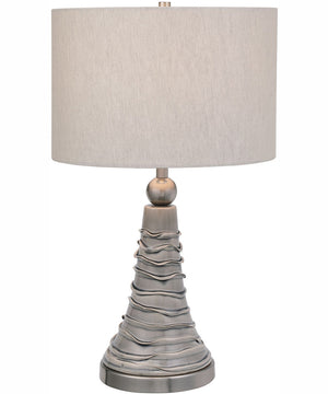 24"H 1-Light Table Lamp Ceramic and Iron in Gray and Wavy Lines and Brushed Nickel with a KD Round Drum Shade