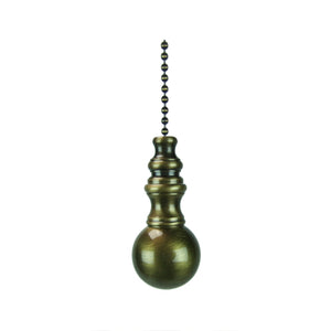 Antique Brass Sphere Ceiling Fan Pull, 1.5"h with 12" Antiqued Brass Chain