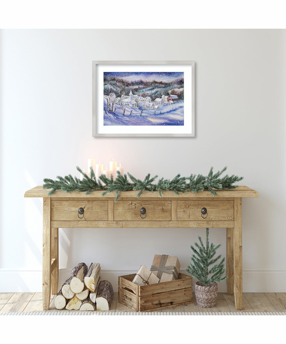 Winter Village Snowscape by Kathleen Parr McKenna Wood Framed Wall Art Print (25  W x 19  H), Svelte Silver Frame