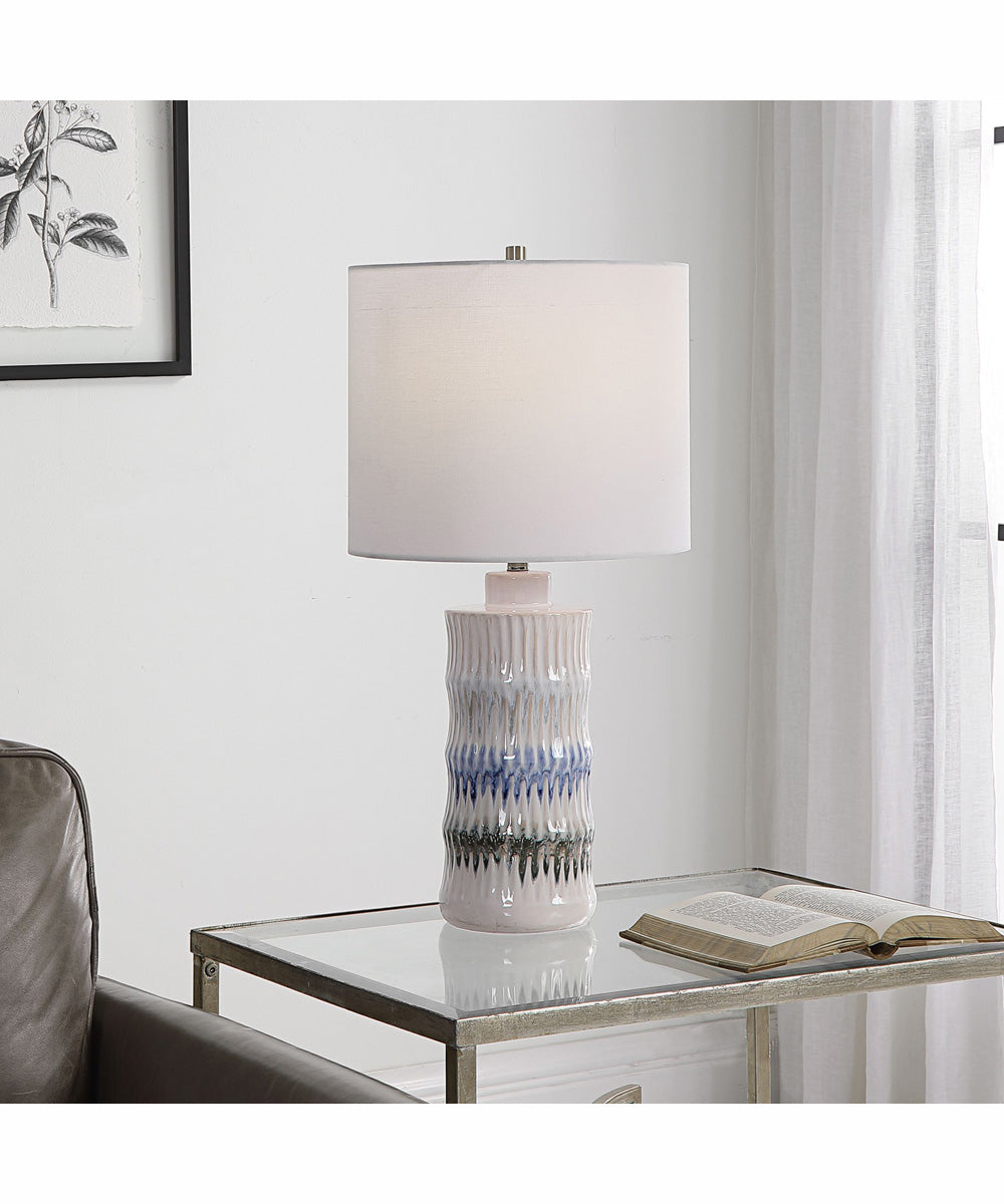 23"H 1-Light Table Lamp Ceramic and Steel in Cream and Tan and Blue with a Rolled-Edge Drum Shade