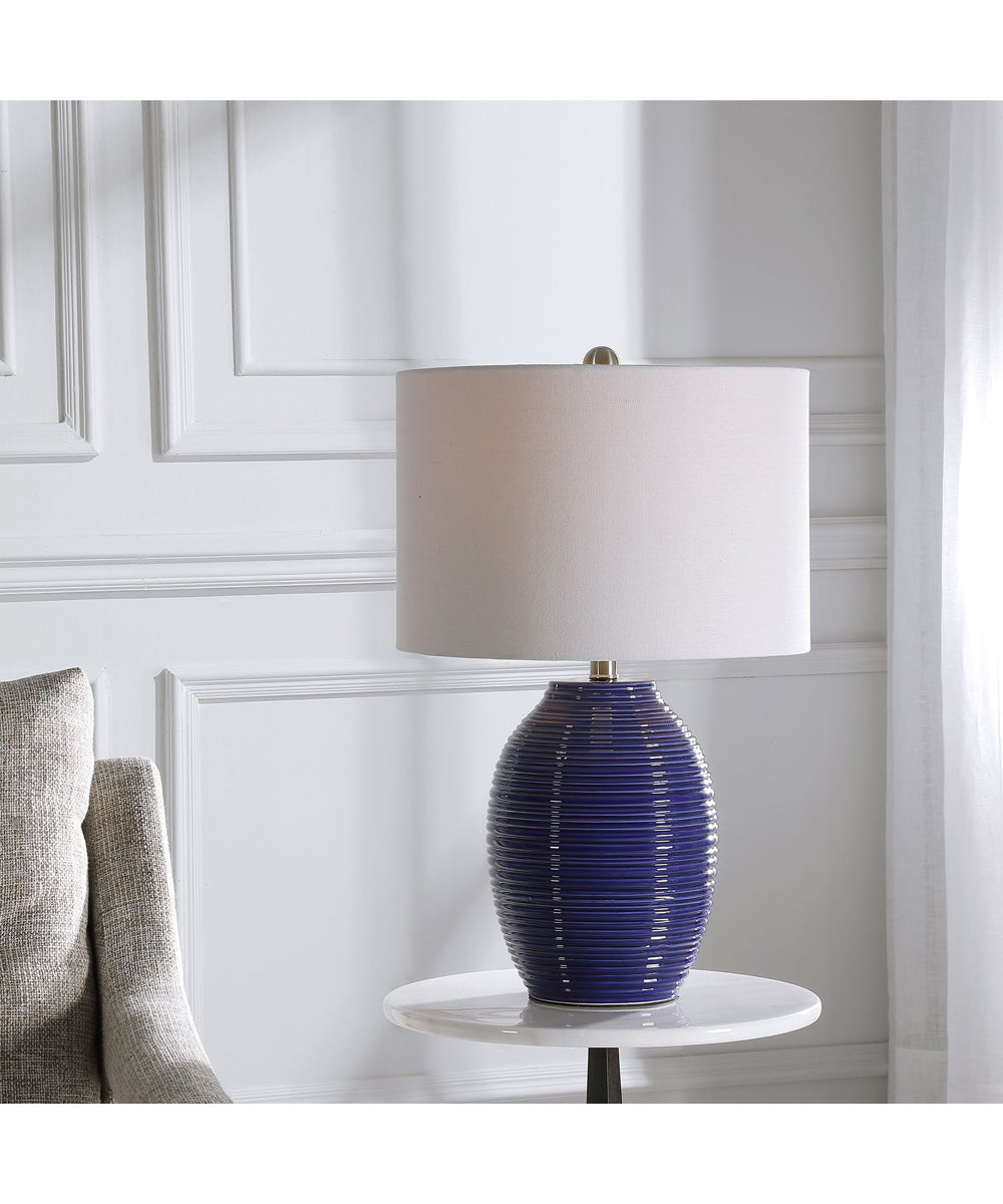24"H 1-Light Table Lamp Ceramic and Steel in Indigo Blue and Brushed Nickel with a Drum Shade