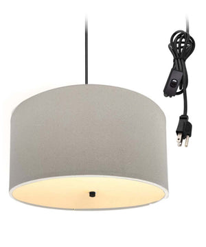 2 Light Swag Plug-In Pendant 16"w Light Oatmeal Linen Drum with Diffuser, Black Cord