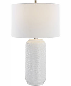 27"H 1-Light Table Lamp Ceramic in White and Brushed Nickel with a Round Shade