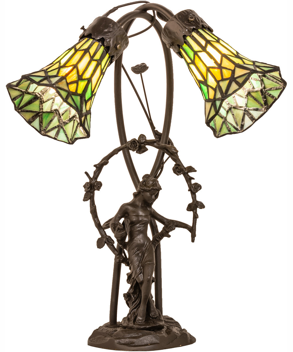 17" High Stained Glass Pond Lily 2 Light Trellis Girl Accent Lamp