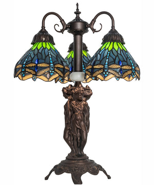 23" High Tiffany Hanginghead Dragonfly 3 Light Table Lamp