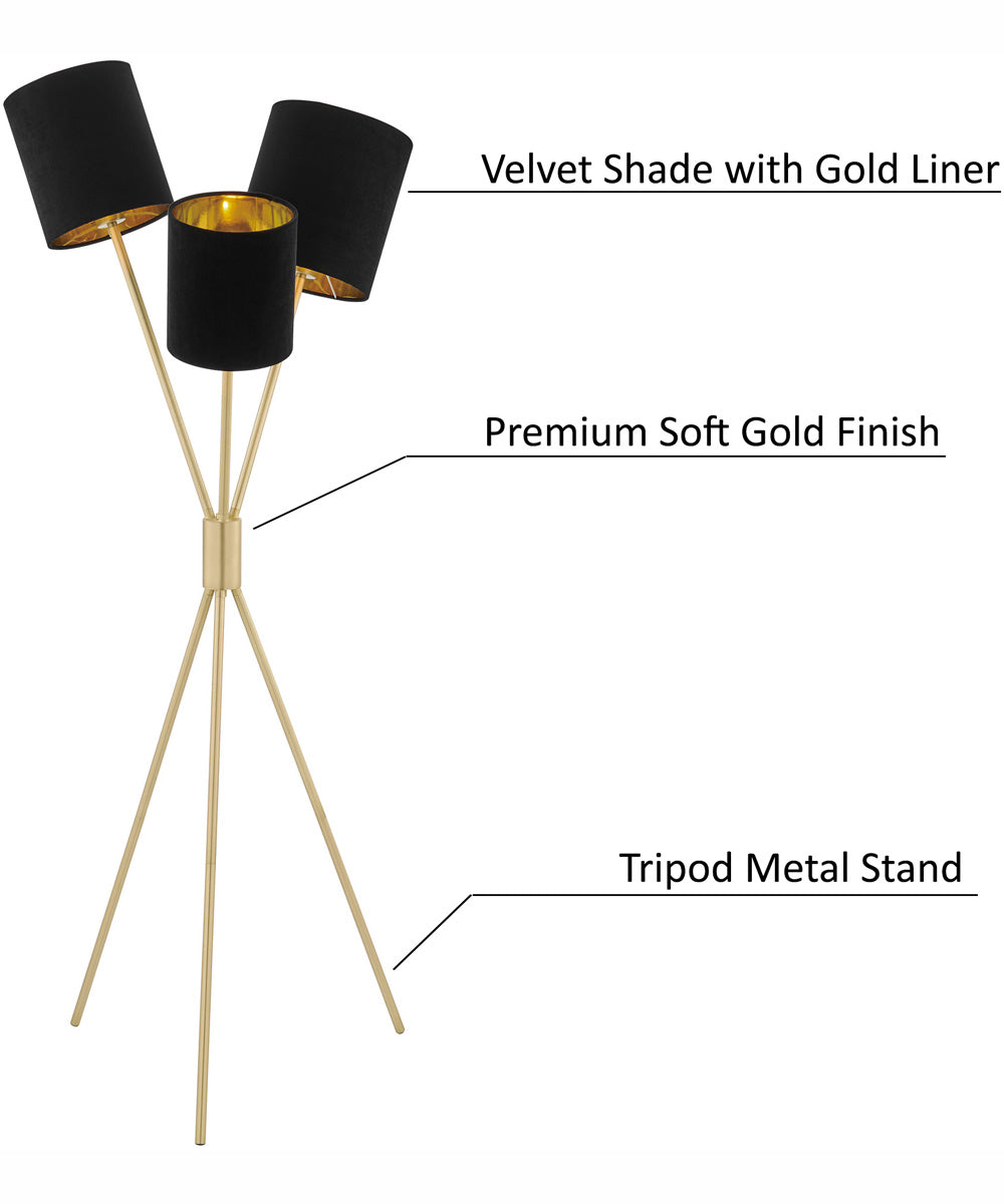 Crisanta 3-Light 3-Light Floor Lamp Gold/Black Velvet Shade