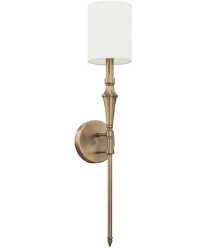 1-Light Sconce In Aged Brass With Decorative White Fabric Stay-Straight Shade