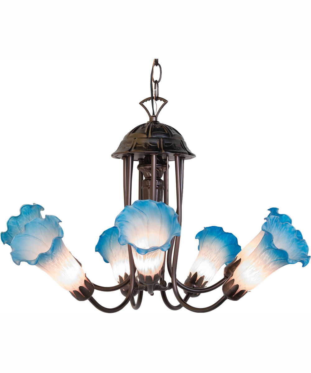 24" Wide Pink/Blue Tiffany Pond Lily 7 Light Chandelier