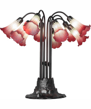 24" High Seafoam/Cranberry Tiffany Pond Lily 10 Light Table Lamp