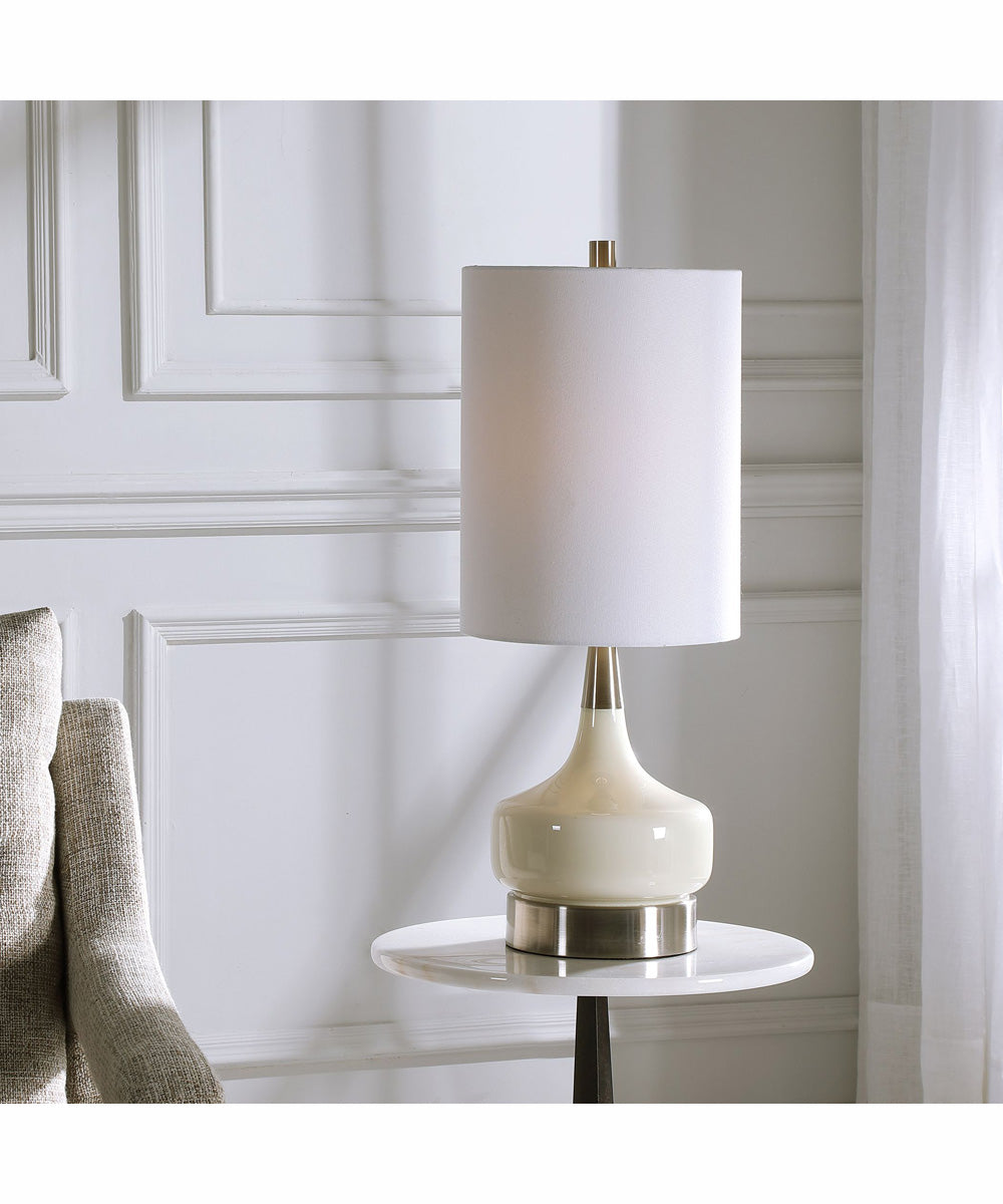 25"H 1-Light Table Lamp Steel and Glass in Brushed Nickel and White with a Drum Shade