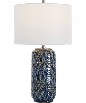 27"H 1-Light Table Lamp Ceramic and Metal in Blue and White and Brushed Nickel with a Round Shade