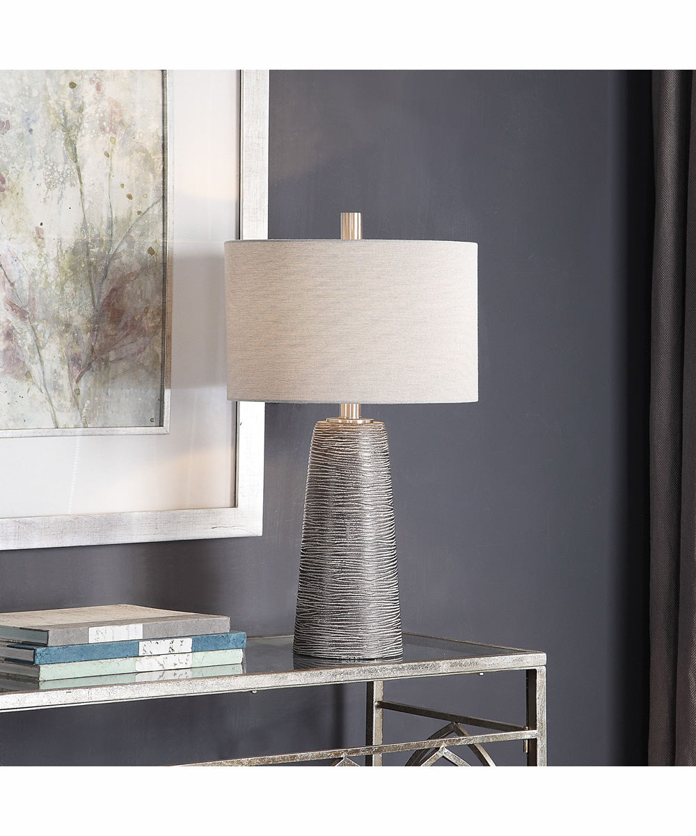 28"H 1-Light Table Lamp Steel and Ceramic in Dark Bronze and Brushed Nickel with a Rolled-Edge Drum Shade