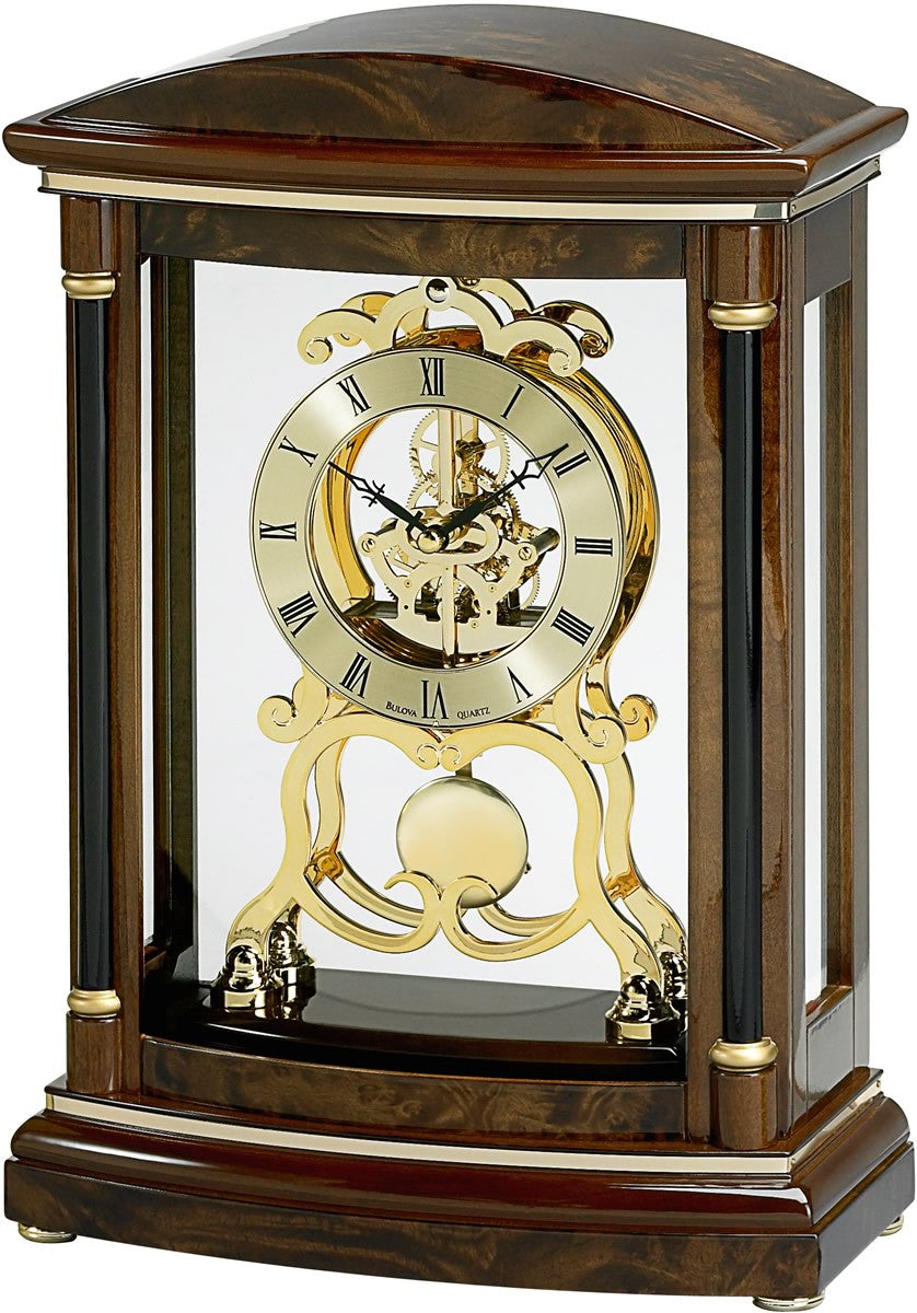 Bulova Clocks Valeria Mantel Clock High Gloss over Burl Veneer and Walnut Stain B2026