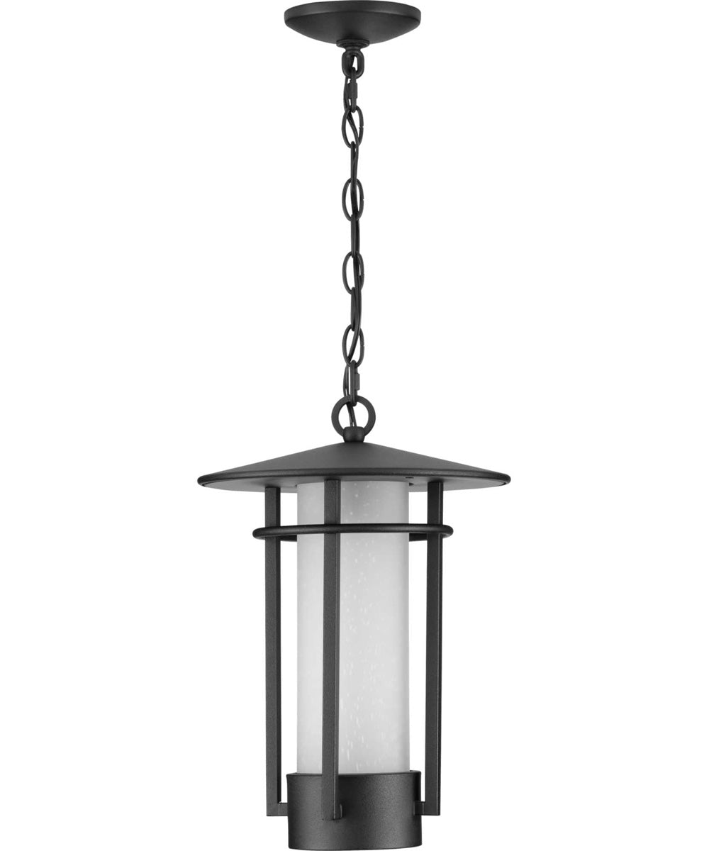 Exton 1-Light Etched Seeded Glass Modern Style Outdoor Hanging Pendant Lantern Textured Black