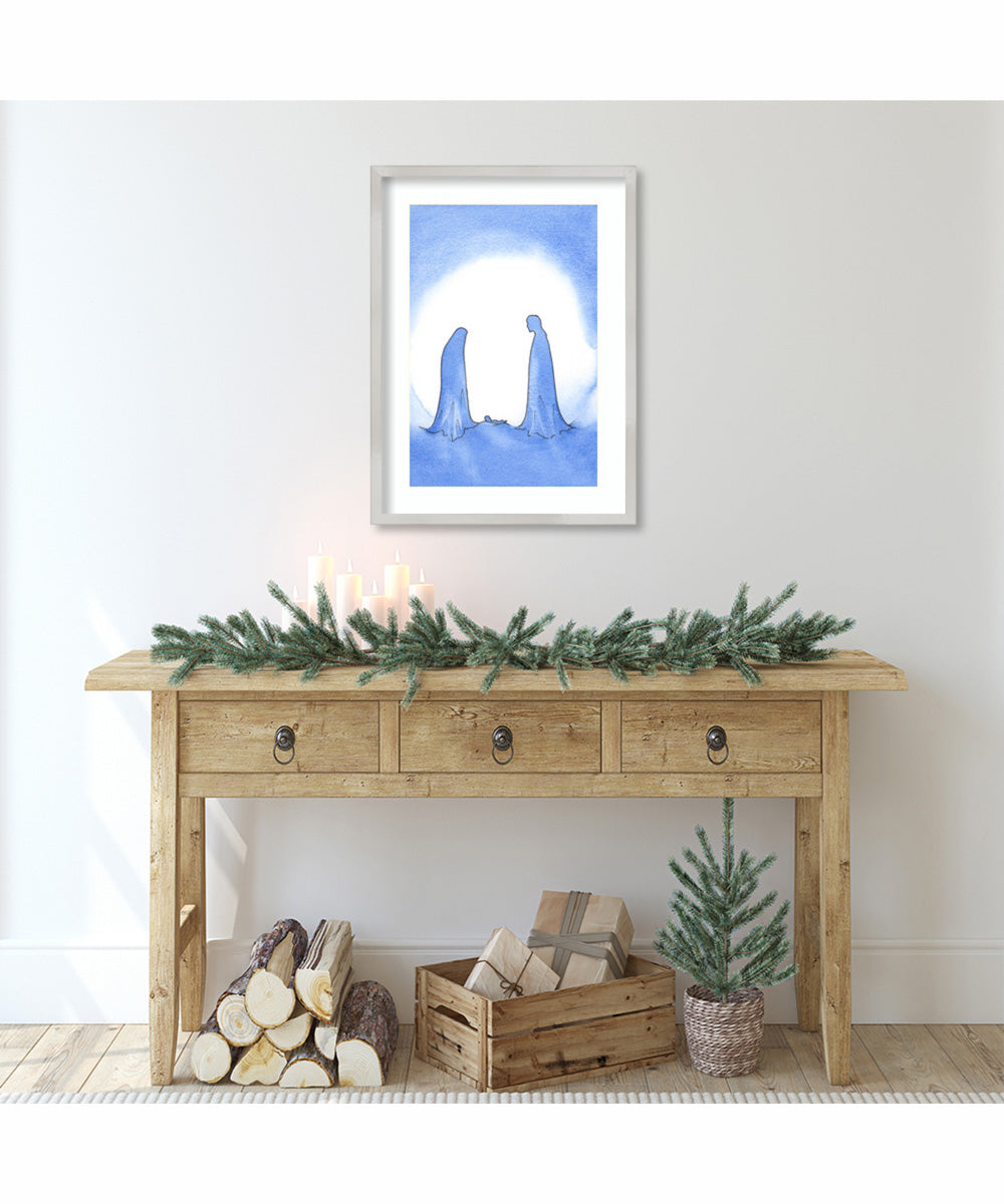 Mary and Joseph with the miraculous baby by Elizabeth Wang Wood Framed Wall Art Print (19  W x 25  H), Svelte Silver Frame