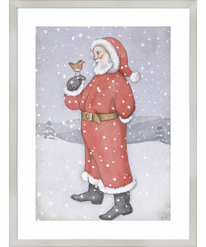 Father Christmas and a Robin by Lavinia Hamer Wood Framed Wall Art Print (19  W x 25  H), Svelte Silver Frame