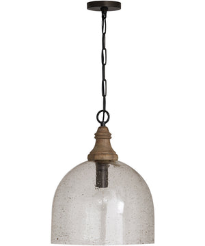 1-Light Pendant In Grey Wash & Pewter With Clear Seeded And Mango Wood