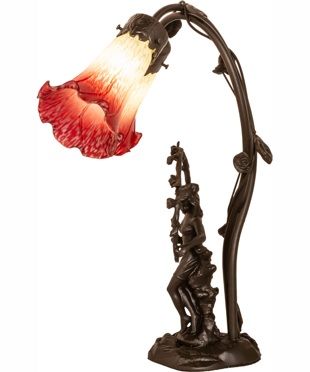 17" High Seafoam/Cranberry Tiffany Pond Lily 2 Light Trellis Girl Accent Lamp