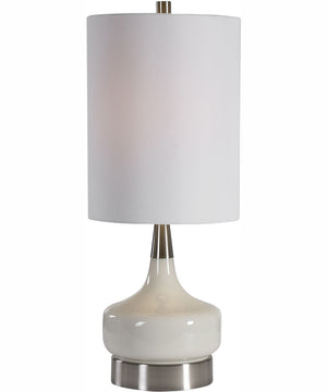 25"H 1-Light Table Lamp Steel and Glass in Brushed Nickel and White with a Drum Shade