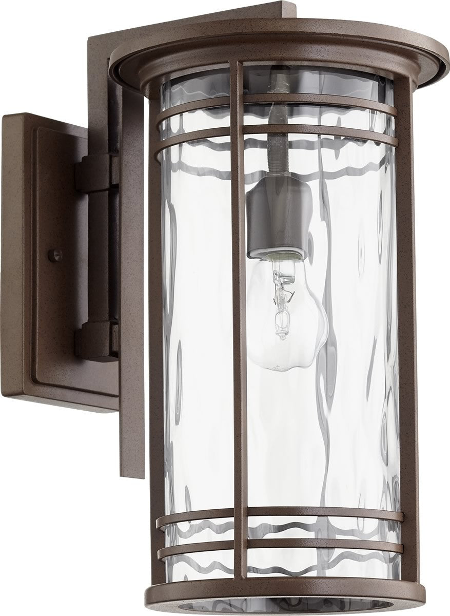 Quorum Larson 1-light Outdoor Wall Lantern Oiled Bronze w/ Clear Hammered Glass