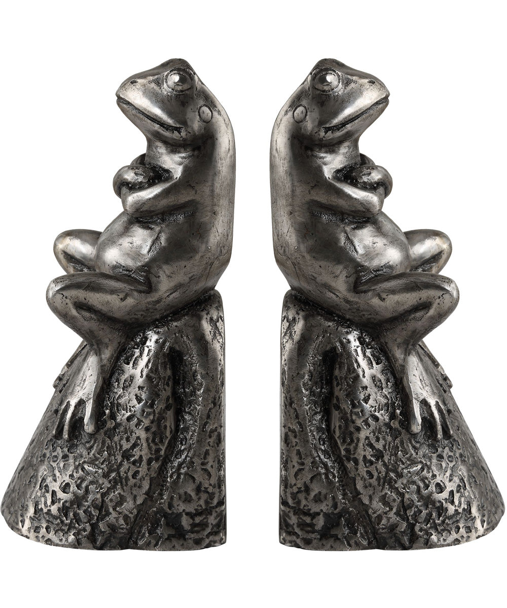 Daydreaming Frogs Aged Silver Bookends, Set of 2