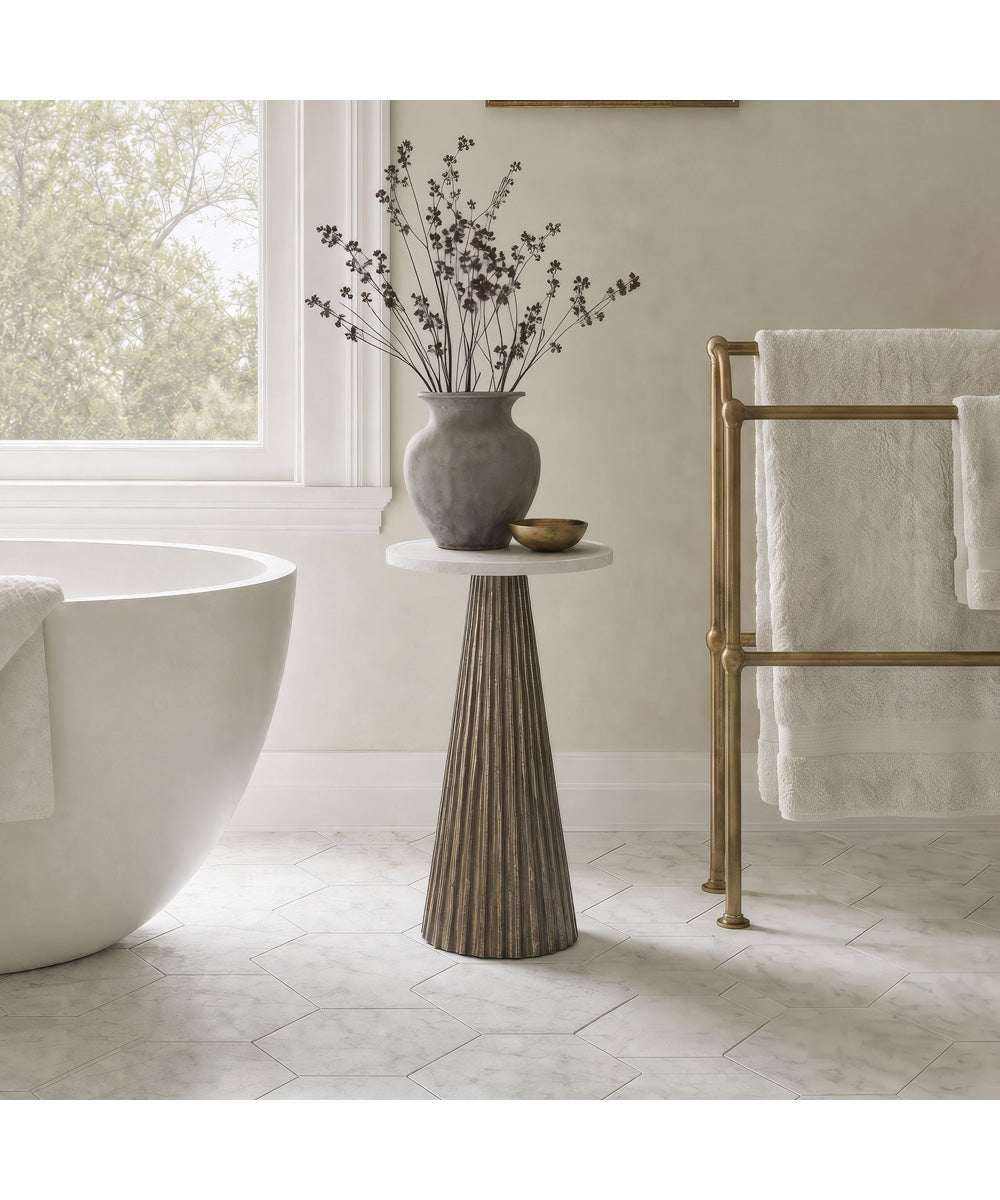 Accent Table with Fluted Base in Antique Brass and White Marble