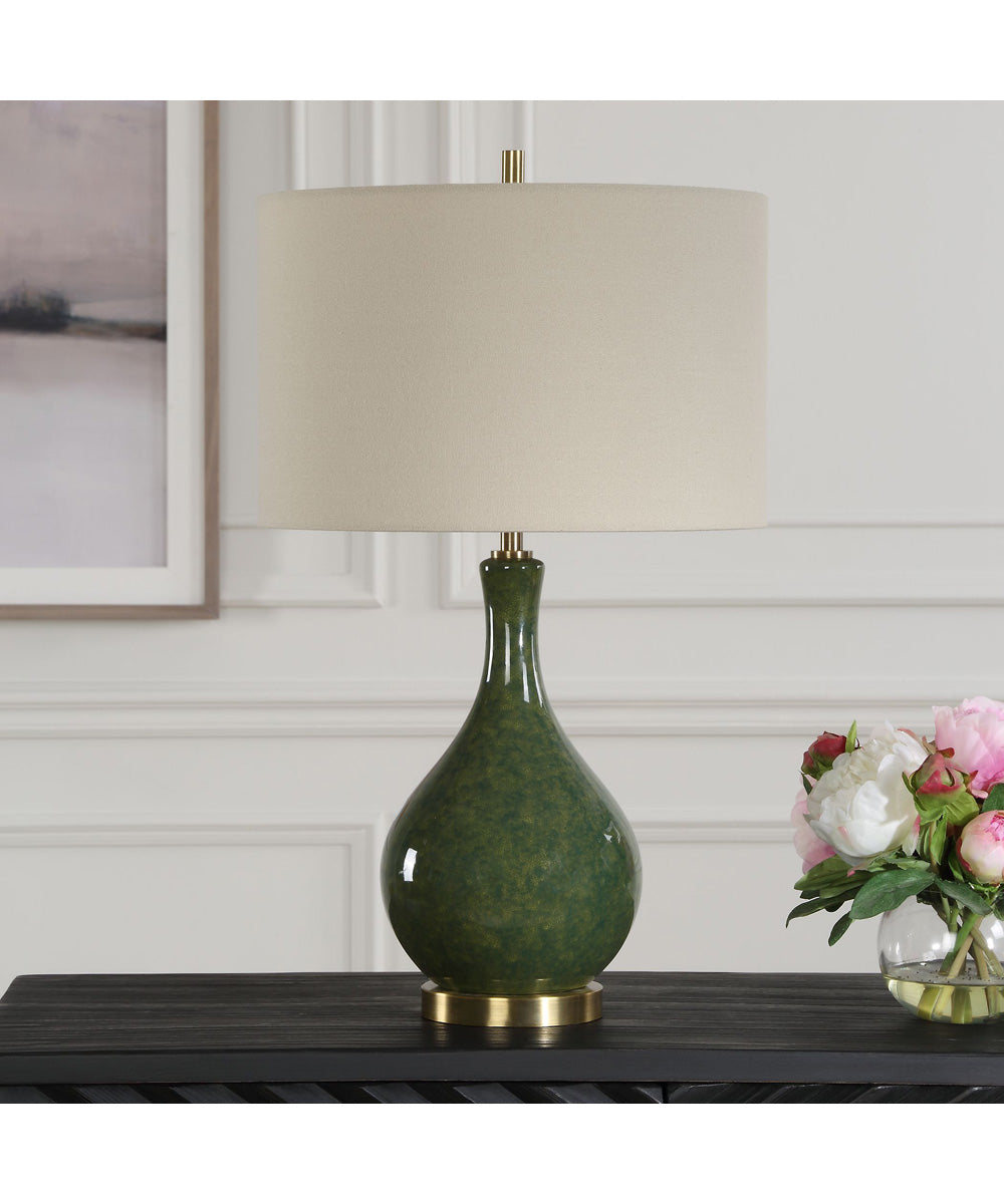 Ceramic Table Lamp with Emerald Green Glaze and Beige Linen