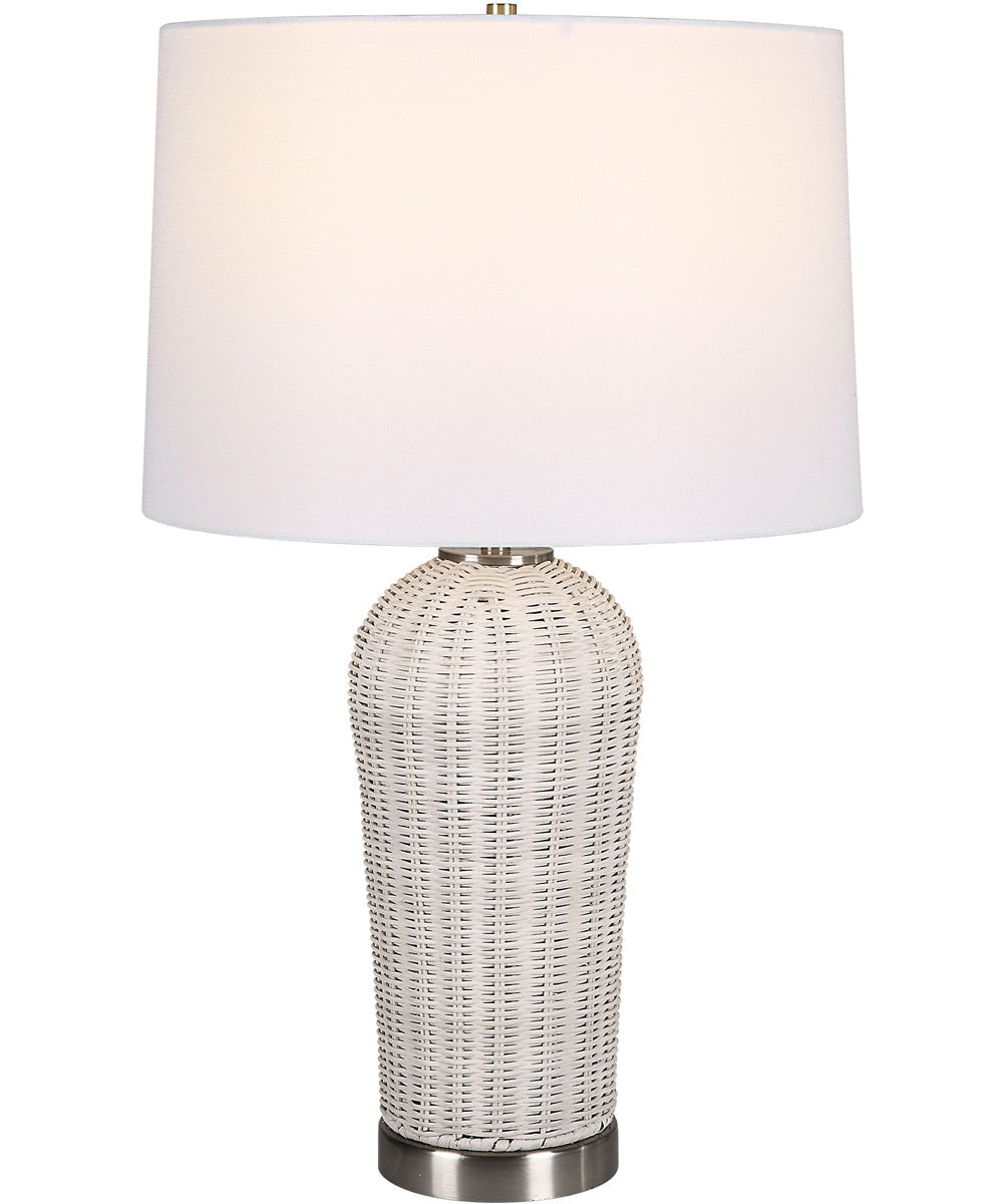 Coastal Woven Rattan Table Lamp with White Linen