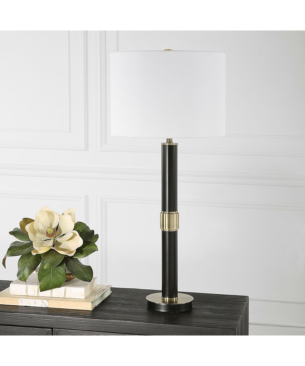 Metal Table Lamp in Black and Antique Gold with White Linen