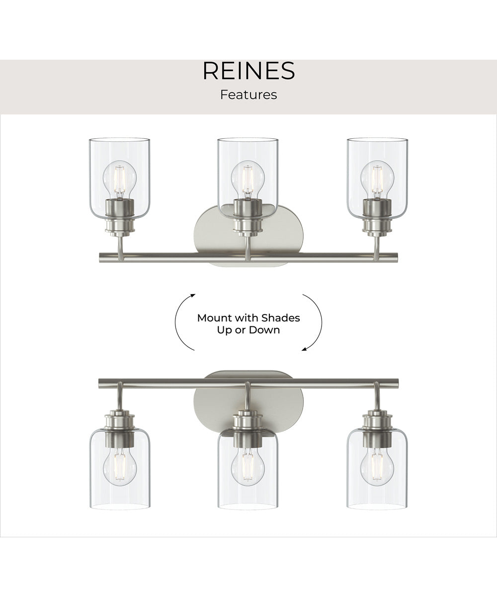Reines 3-Light Bath Vanity with Clear Glass Shades Brushed Nickel