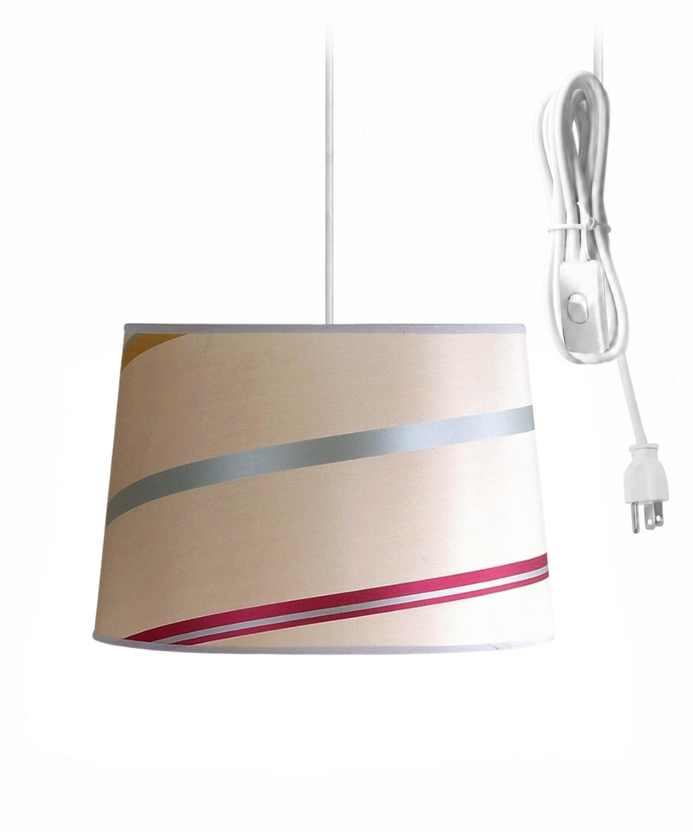 1 Light Swag Plug-In Pendant 14"w Juliette Striped Raw Silk Drum Shade, 17' White Cord