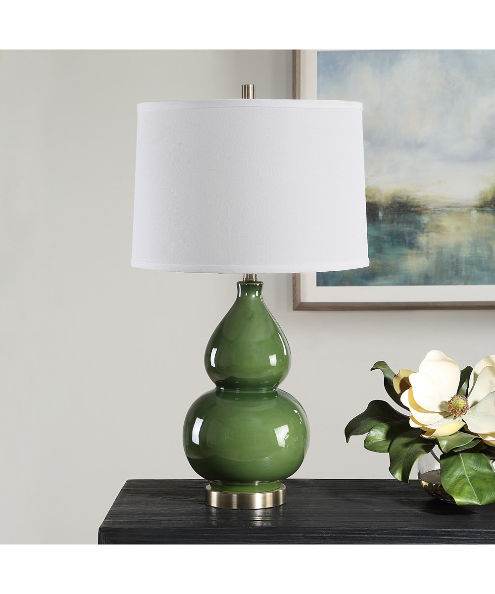 Ceramic Gourd Table Lamp with Dark Green Glaze with White Linen