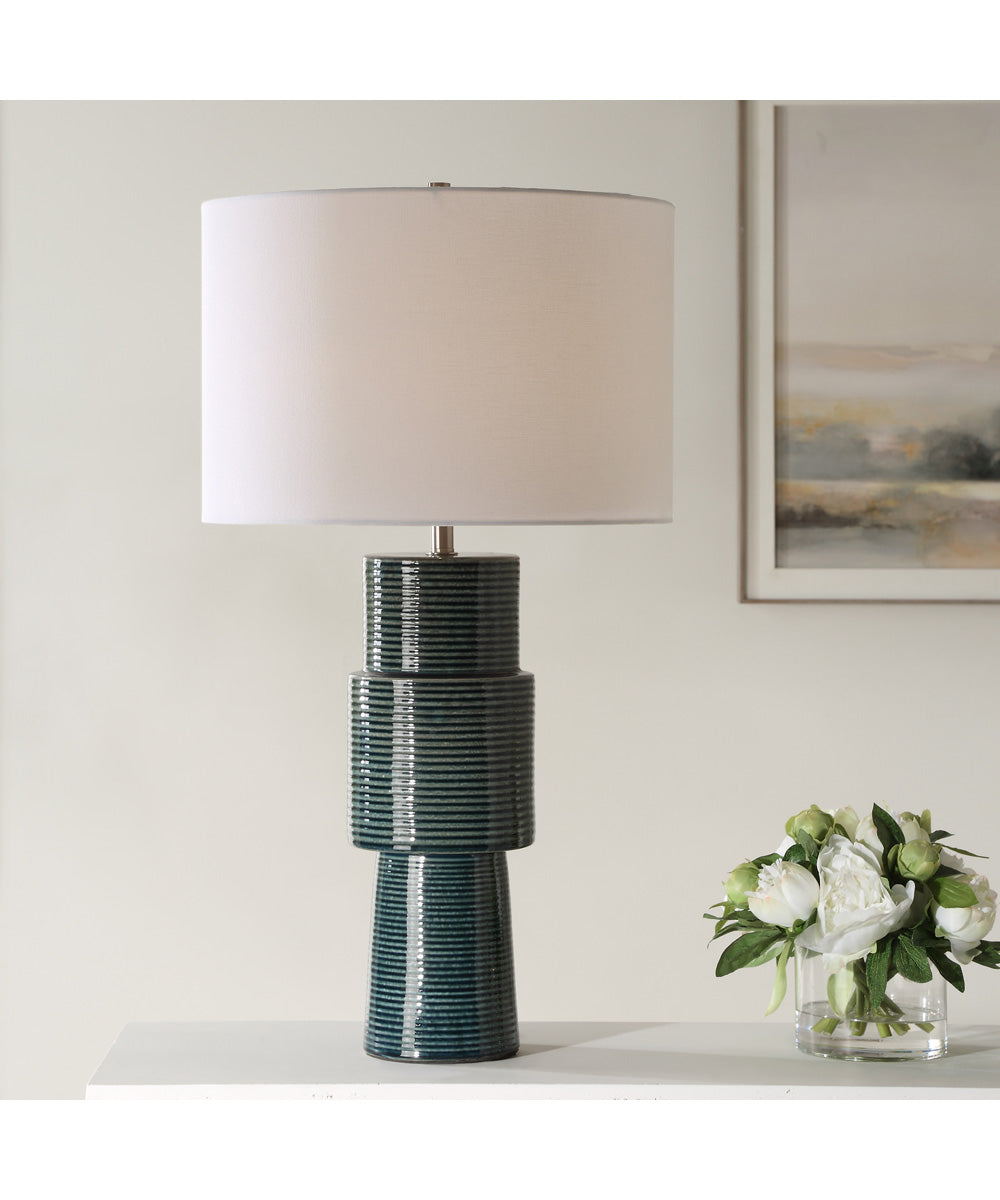 Ceramic Table Lamp in Ribbed Teal and White Linen